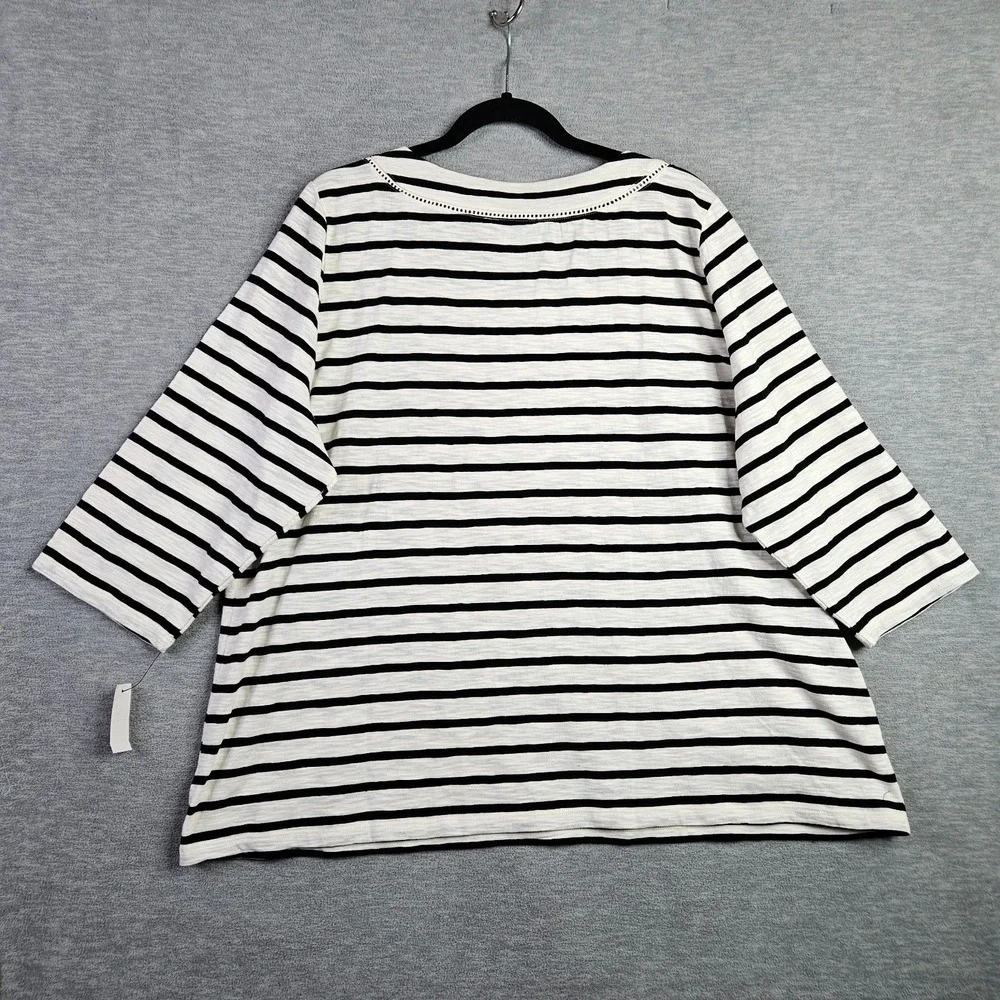 Talbots Plus Petite Women's 3XP Black White Striped Square Neck 3/4 Sleeve Top